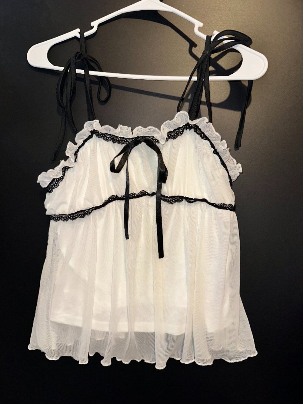 White and Black Mesh Tank Top with Bow Strings on Sides